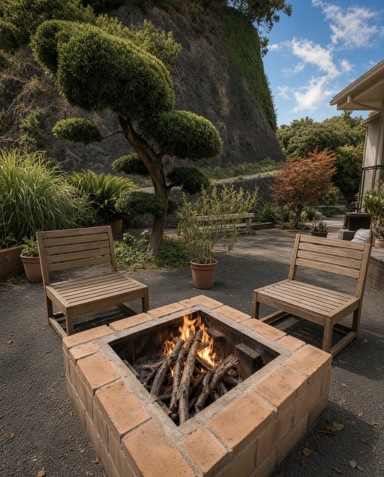 Fire in the brick pit, two chairs
